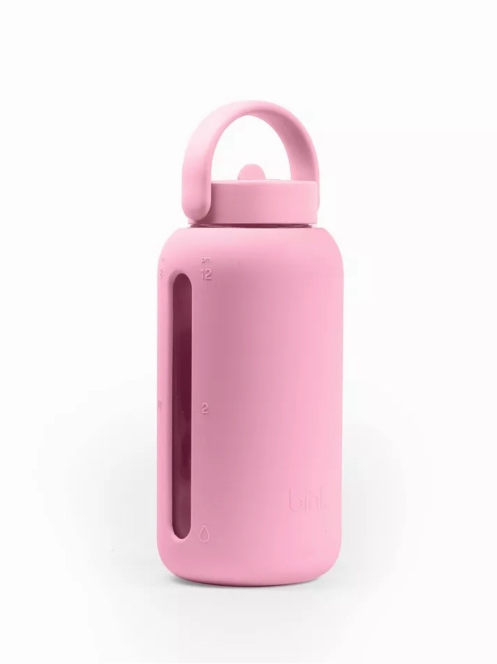 Bink 27 ounce glass water bottle with silicone cover. Fliptop straw with handle.